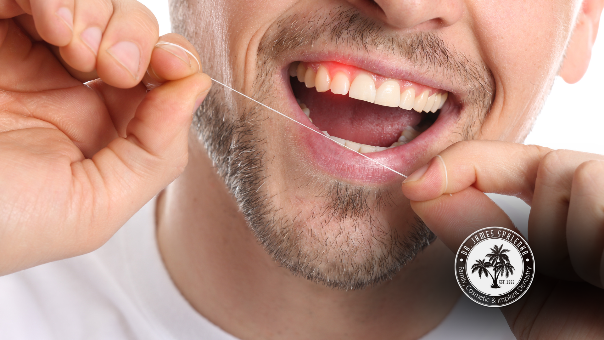 A man is flossing his teeth with a dental floss.