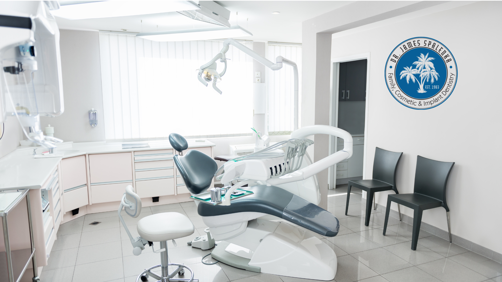 A dental office with a dental chair and chairs