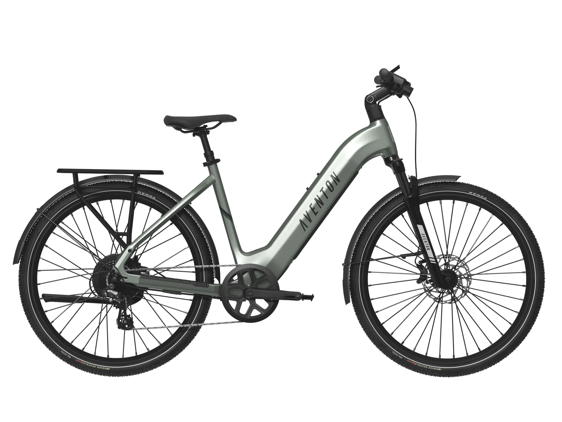 Gray electric bicycle in side view with rear cargo rack and large wheels