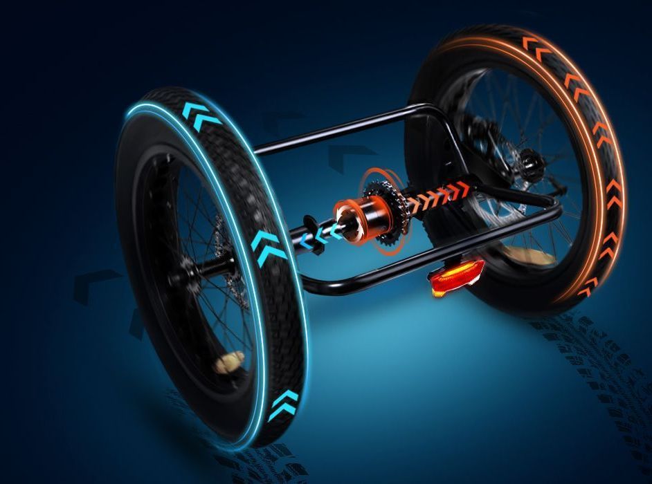 Futuristic electric bike chassis with glowing blue and orange wheels on a dark blue background