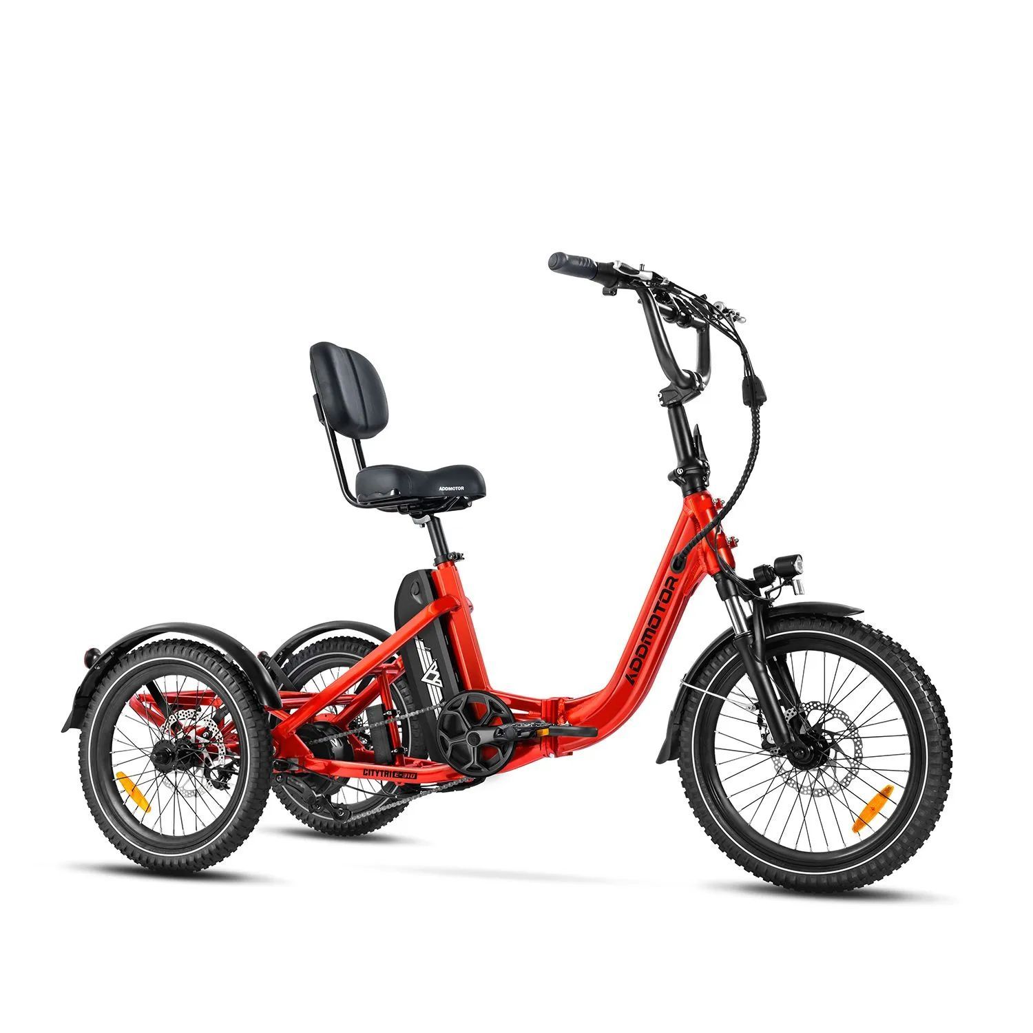 Red recumbent tricycle with a rear seat and handlebars on a white background
