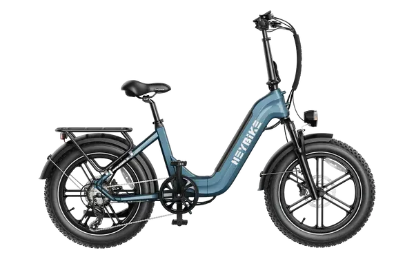 Blue folding electric bike with black fat tires and front basket on a white background