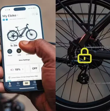 Hand holding phone showing e-bike control app beside a bicycle wheel with a yellow lock icon