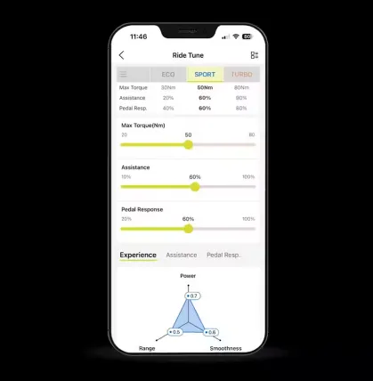 Phone screen showing an e-bike ride tune settings page with yellow sliders and a blue riding profile chart