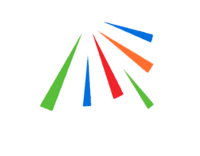 Abstract logo made of five colorful diagonal bars fanning outward on a white background