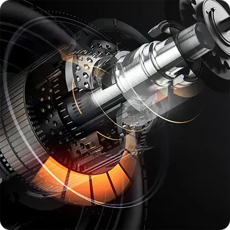 Abstract metallic turbine or engine component with glowing orange highlights on a dark background