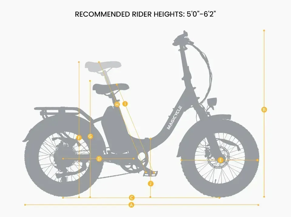 Side-view bicycle silhouette with measurement marks and text: recommended rider heights 5'0