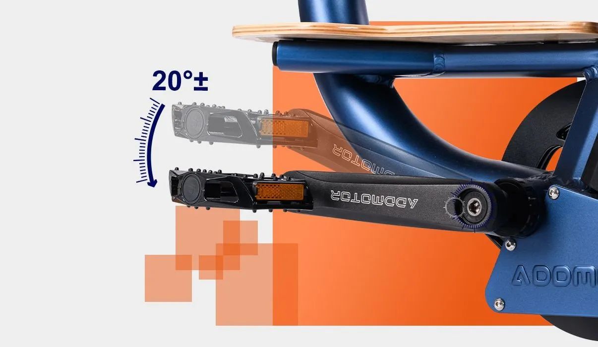 Side view of a blue and orange stroller wheel showing a 20° tilt adjustment mechanism.
