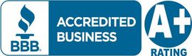 A blue sign that says accredited business a+ rating