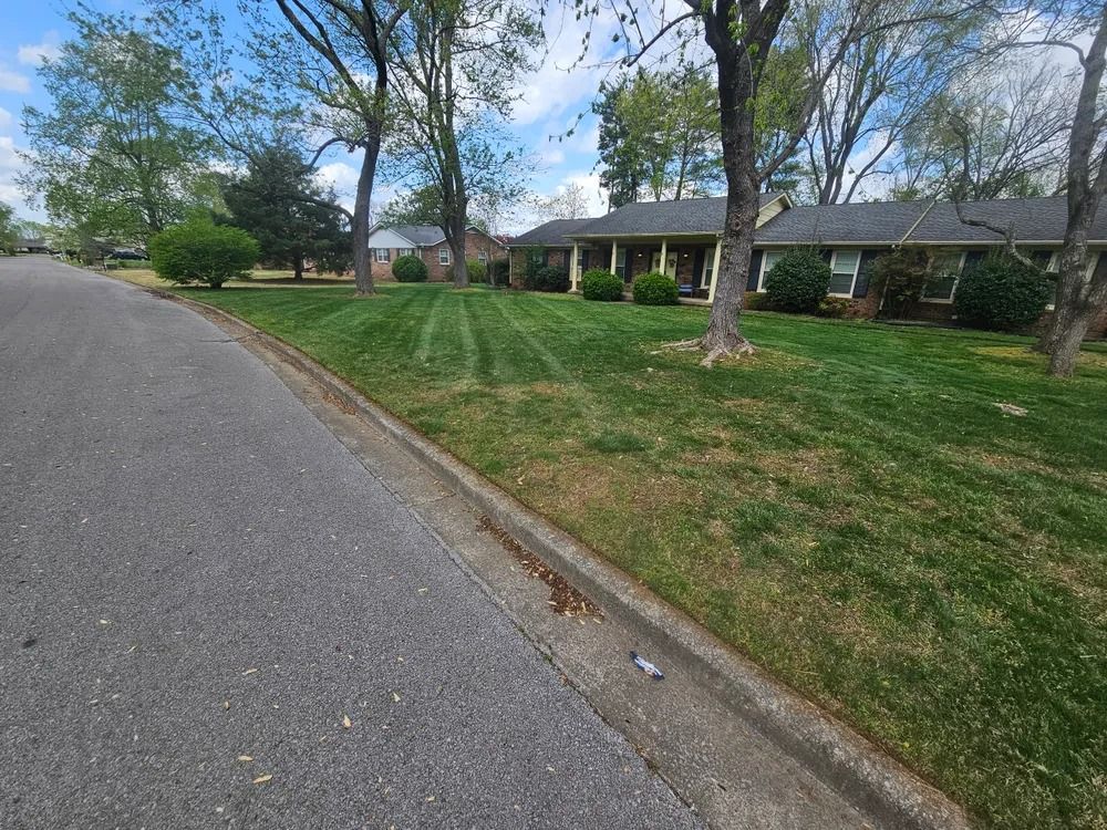 A single-story house with a green lawn and mowed stripes is on a sunny day. The street curves to the left.