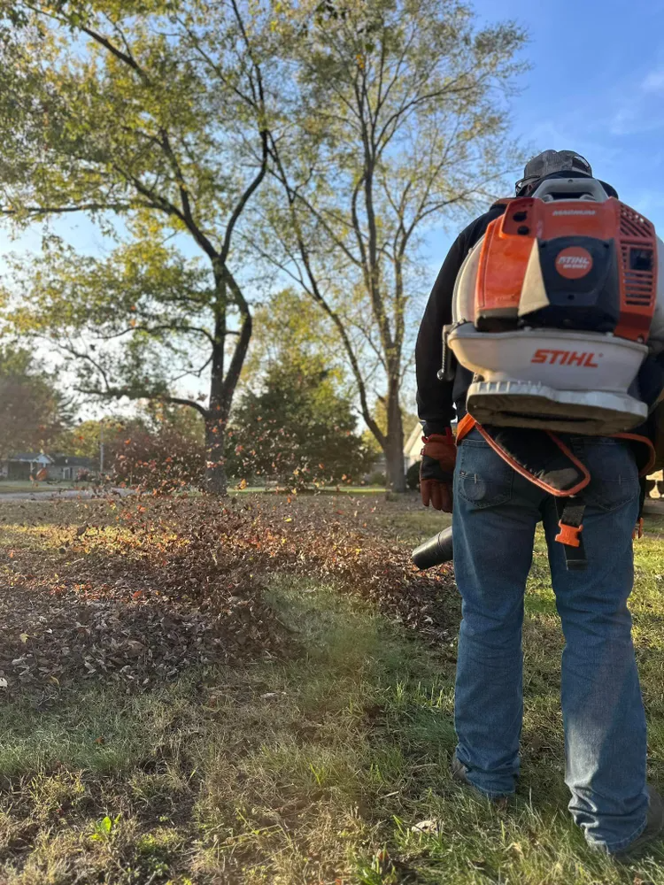 Person using a STIHL backpack leaf blower, blowing leaves into a pile in a yard.