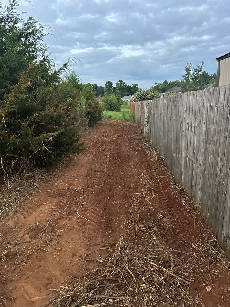 Dirt path between a wooden fence and bushes, leading toward trees and a cloudy sky.