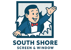 Logo for South Shore Screen & Window: Cartoon man in suit breaks through screen, points right, smiling.
