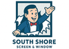 Logo for South Shore Screen & Window: Cartoon man in suit breaks through screen, points right, smiling.