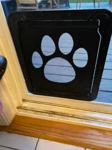 Black pet door with paw print cutout in a screen door, next to wood trim.