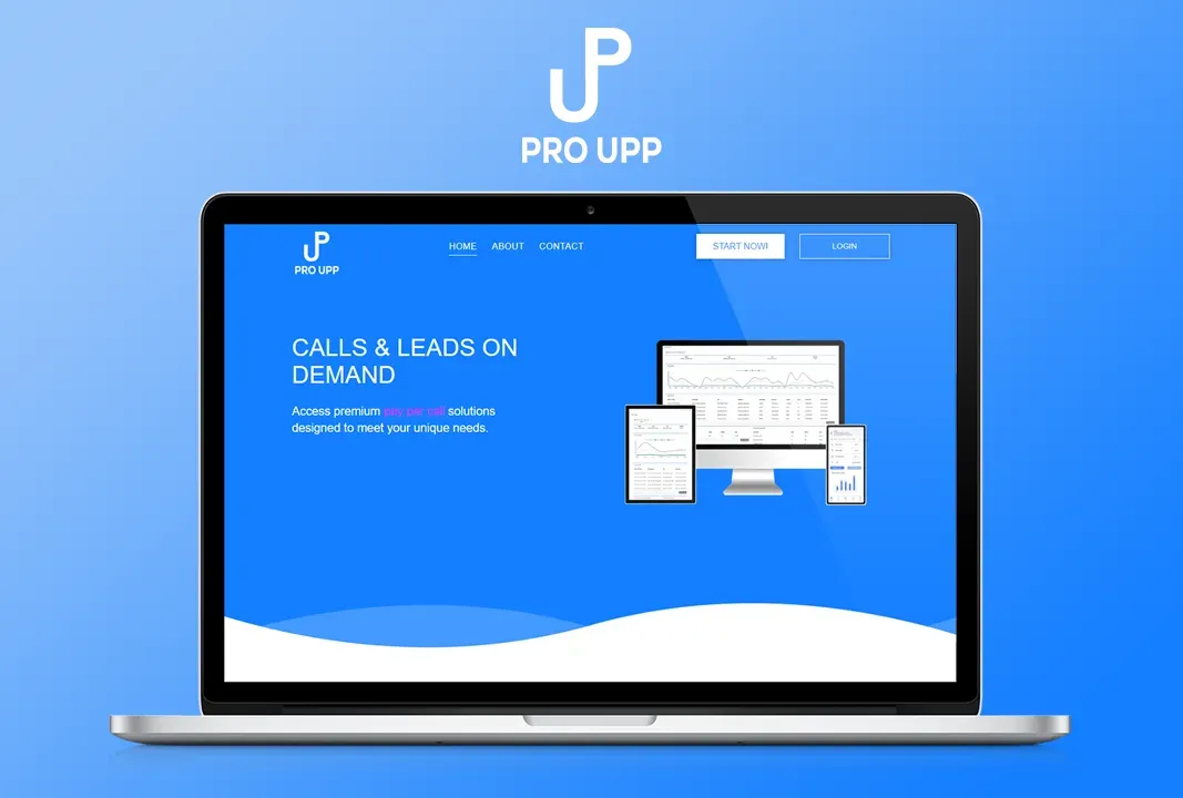 A laptop computer with a blue background and a website on the screen.