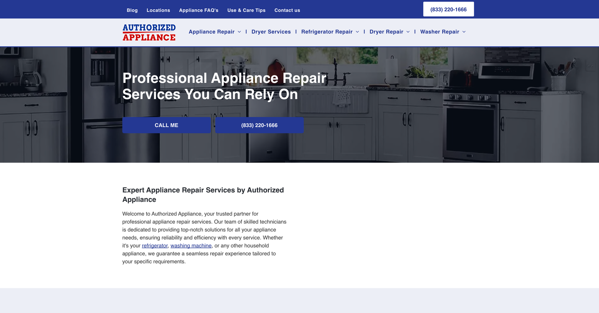 A screenshot of a website for professional appliance repair services you can rely on.