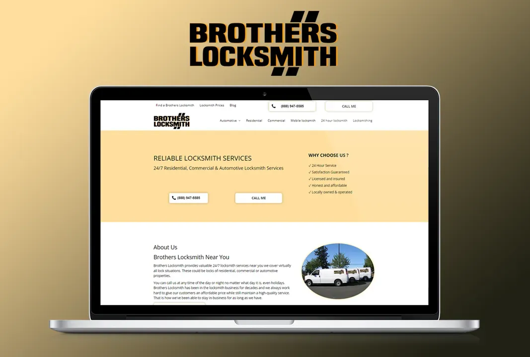 A laptop computer is open to a website for brothers locksmith.