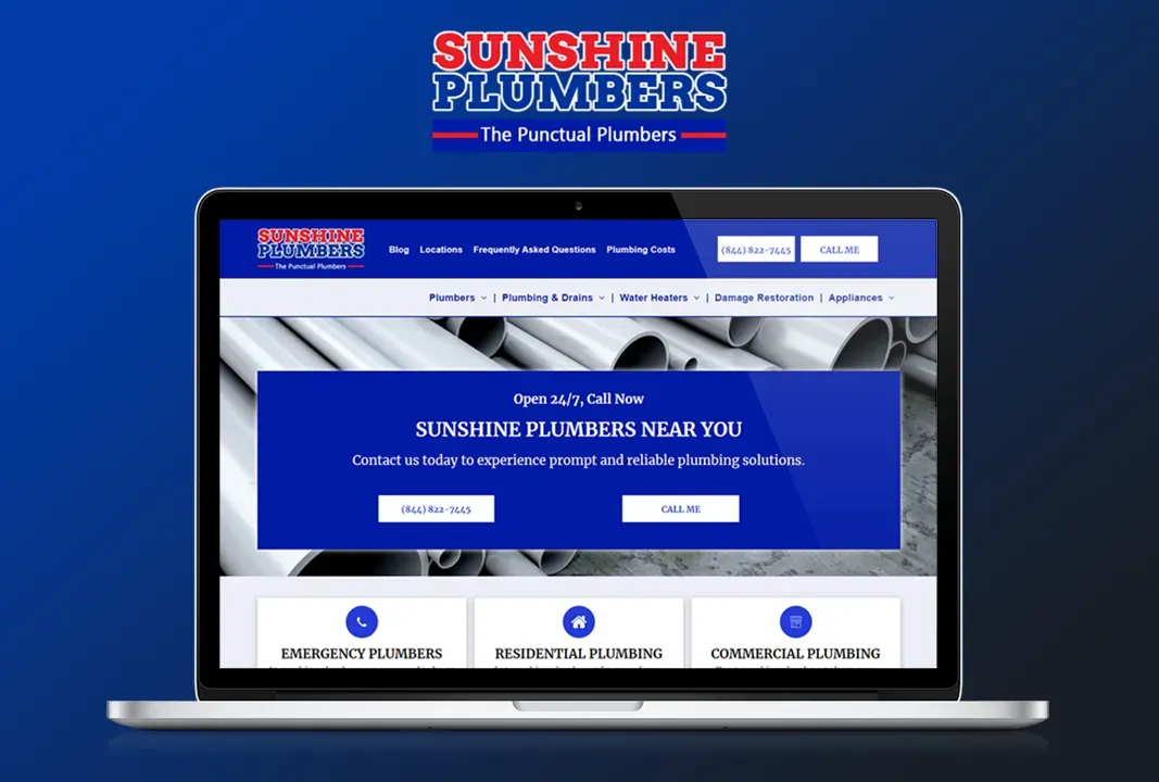 A laptop is open to a website for sunshine plumbers