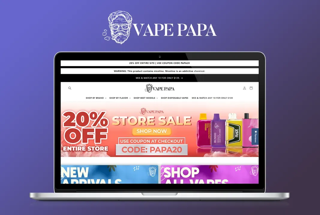 A laptop computer is open to a website called vape papa.