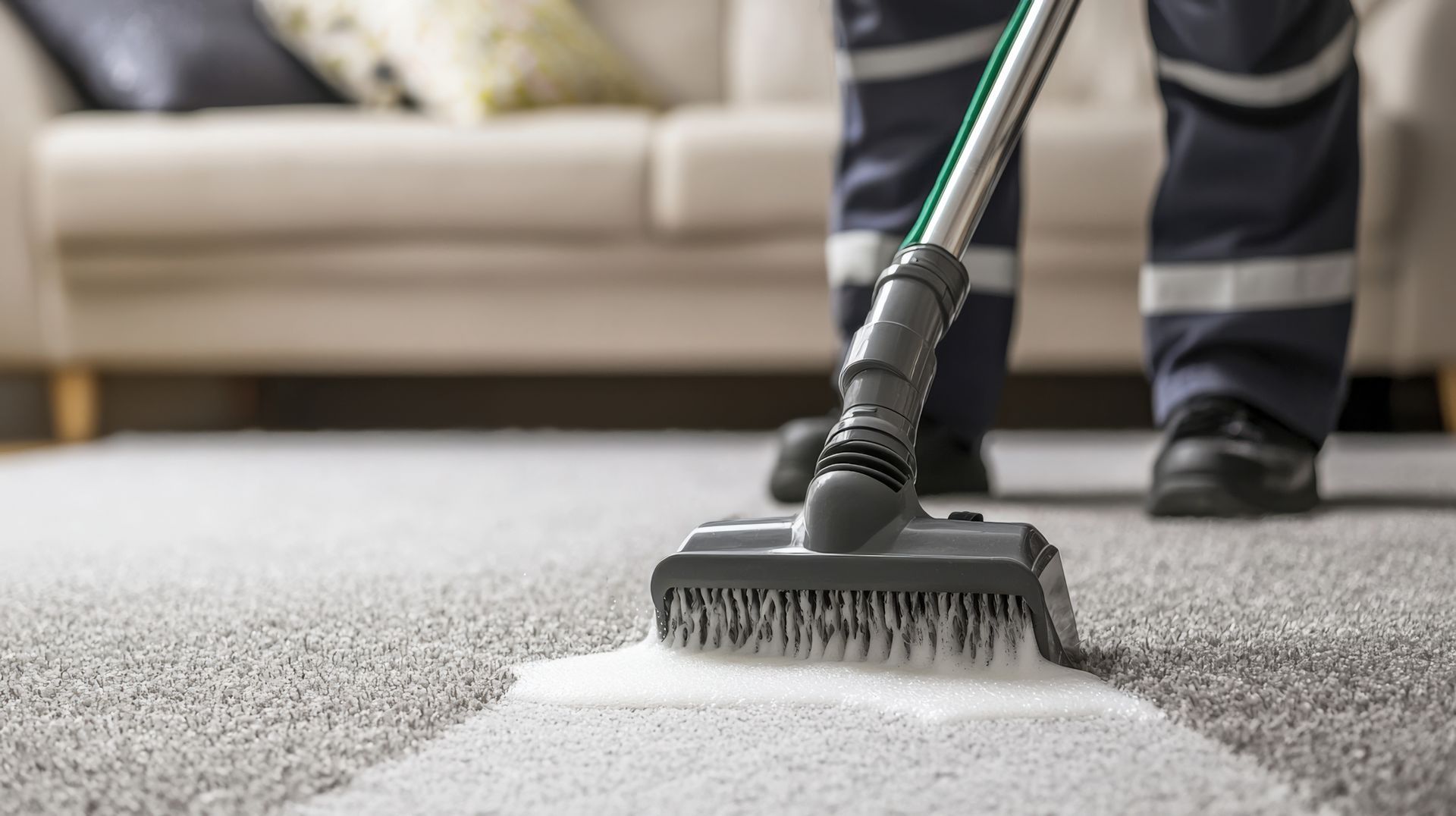 Professional cleaner vacuuming a gray carpet in a bright modern living room. Professional cleaner vacuuming a gray carpet in a bright modern living room.