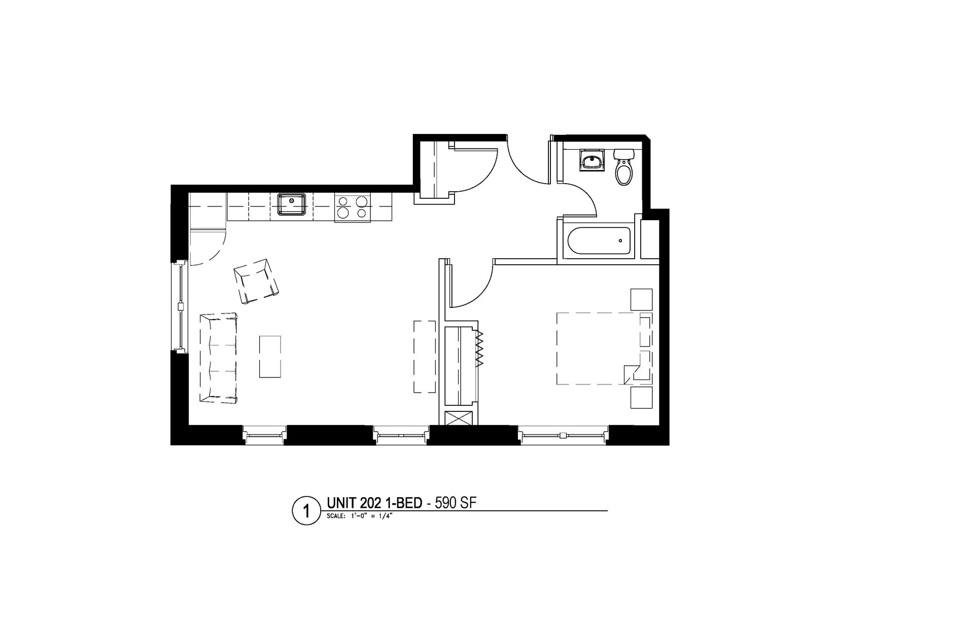 A - 590 Square Feet 1 Bedroom 1 Bathroom Floor Plan