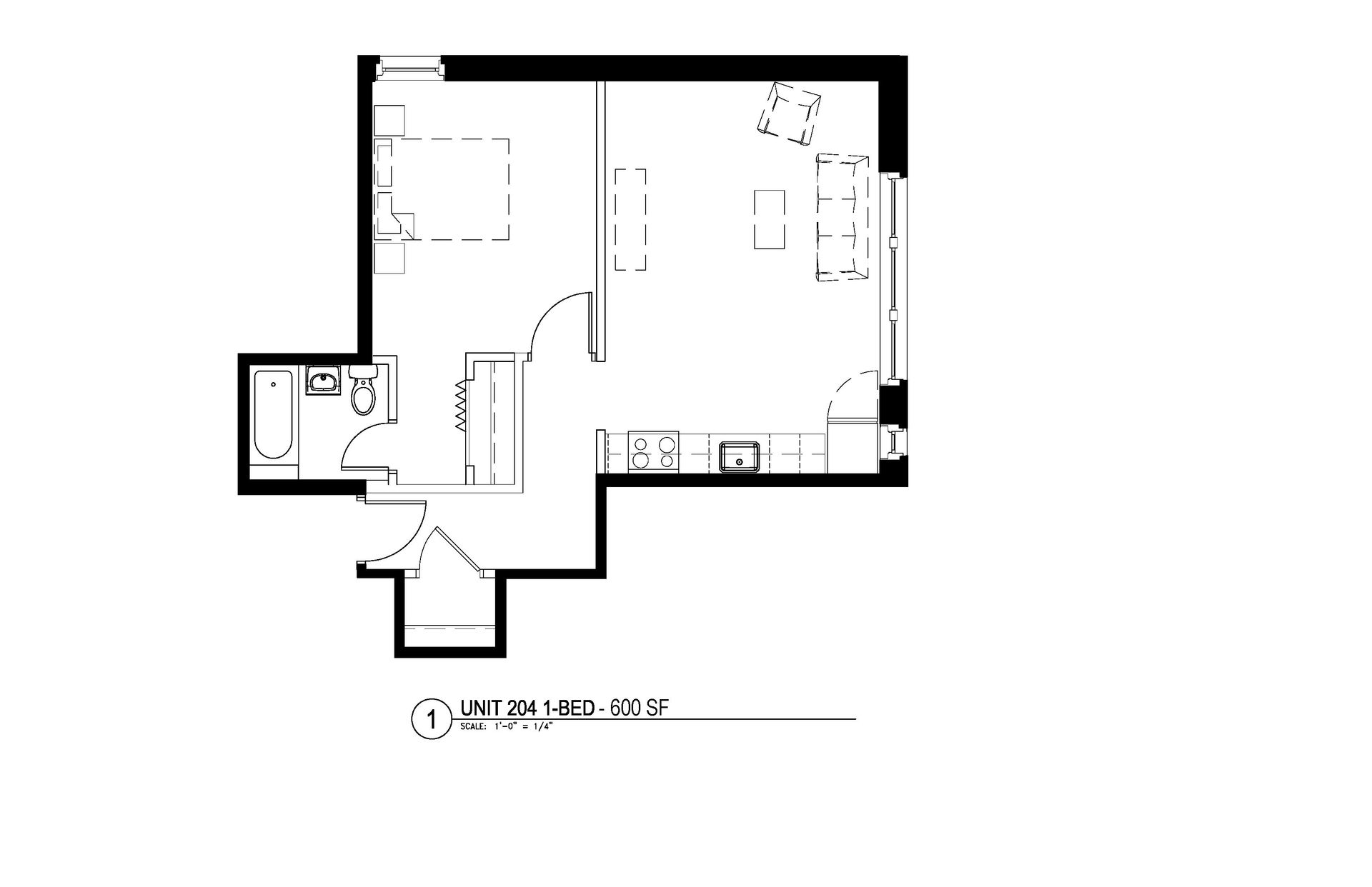 A - 600 Square Feet 1 Bedroom 1 Bathroom Floor Plan