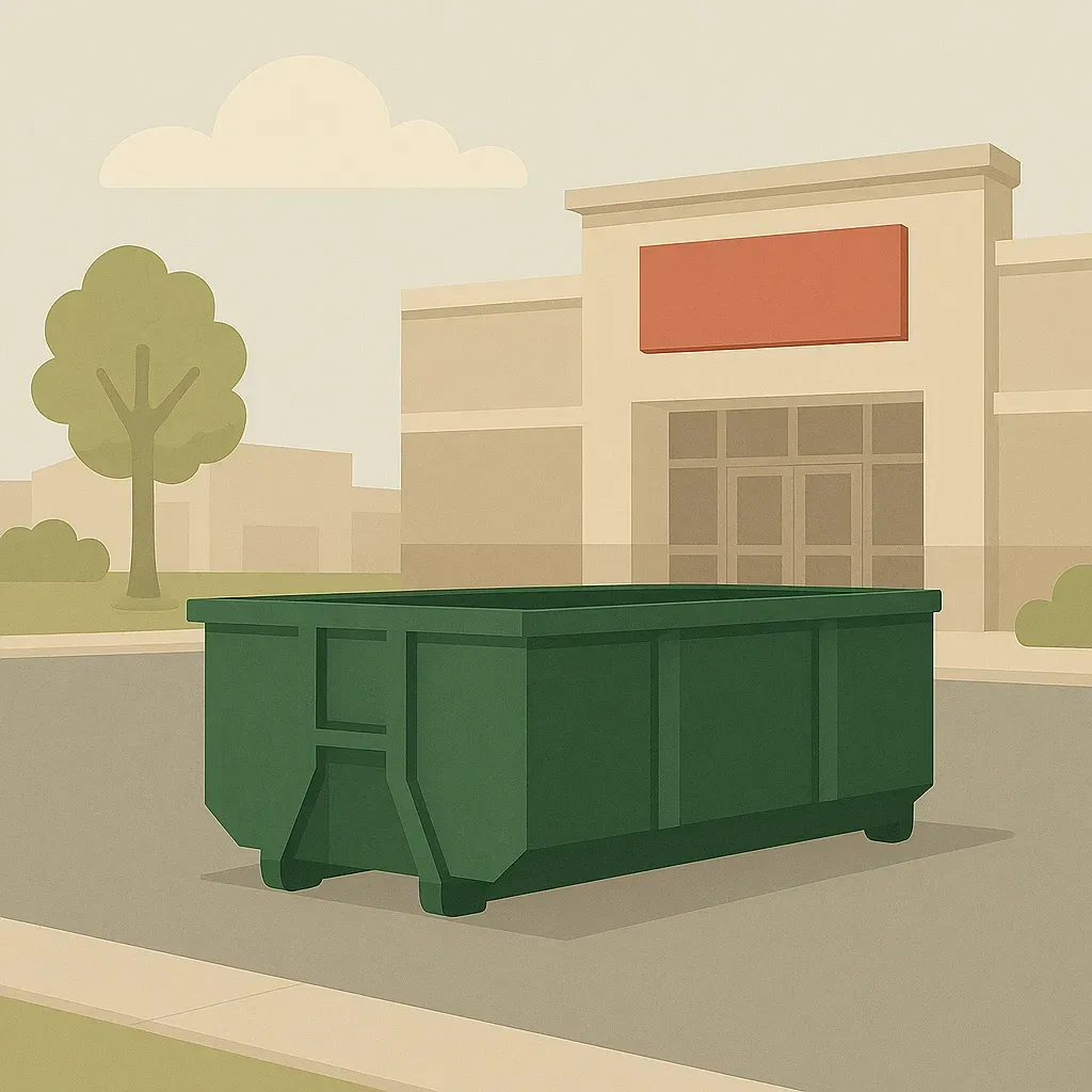 A green dumpster is parked in front of a store.