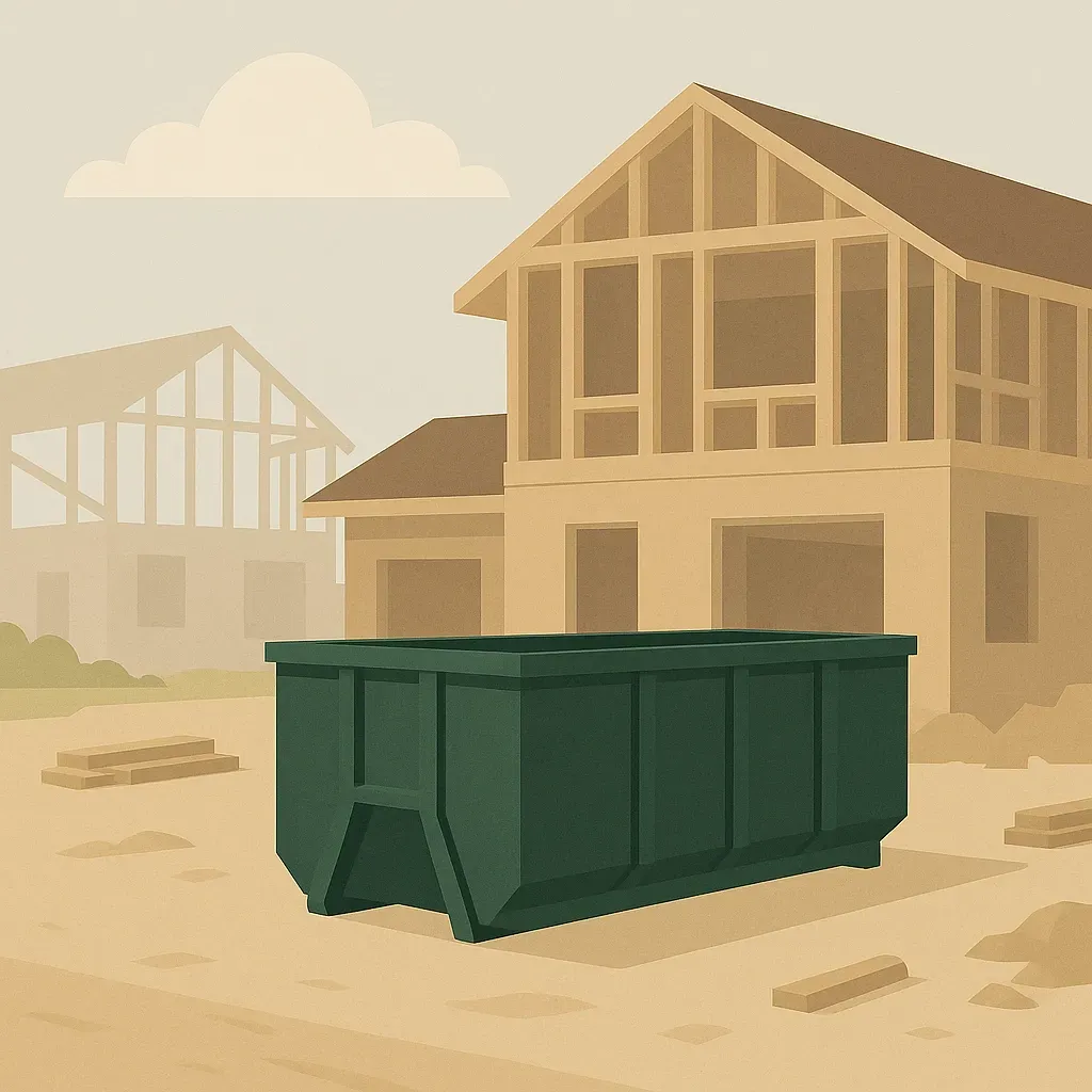 A green dumpster is sitting in front of a house under construction.