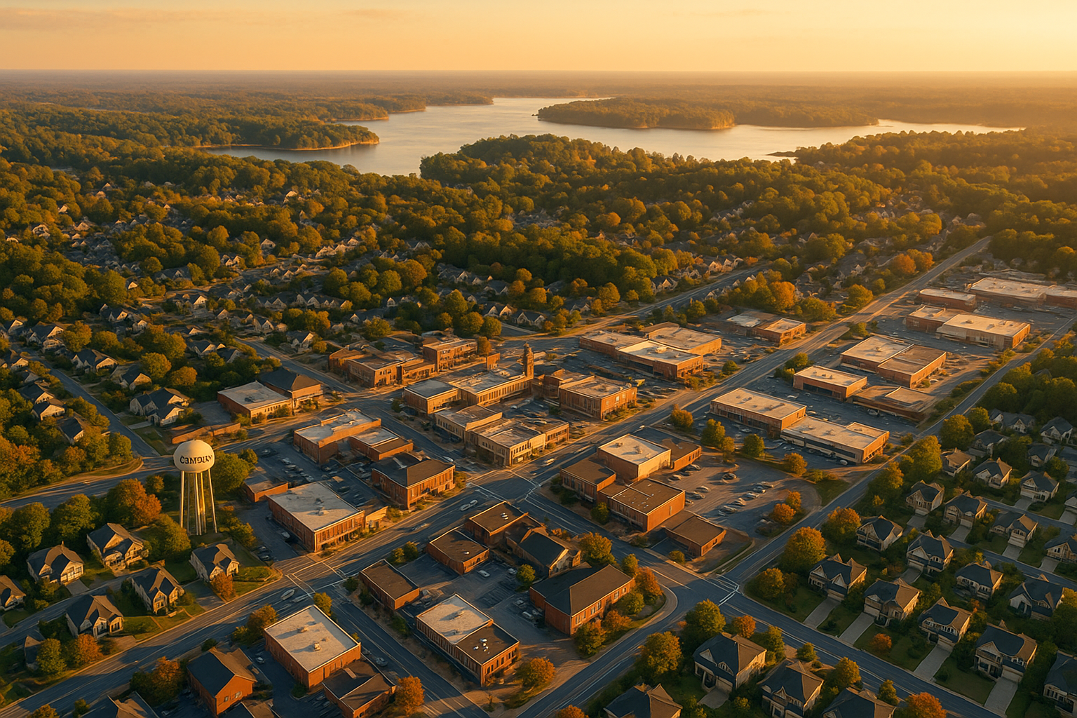 An aerial view of a small town with a lake in the background at sunset.