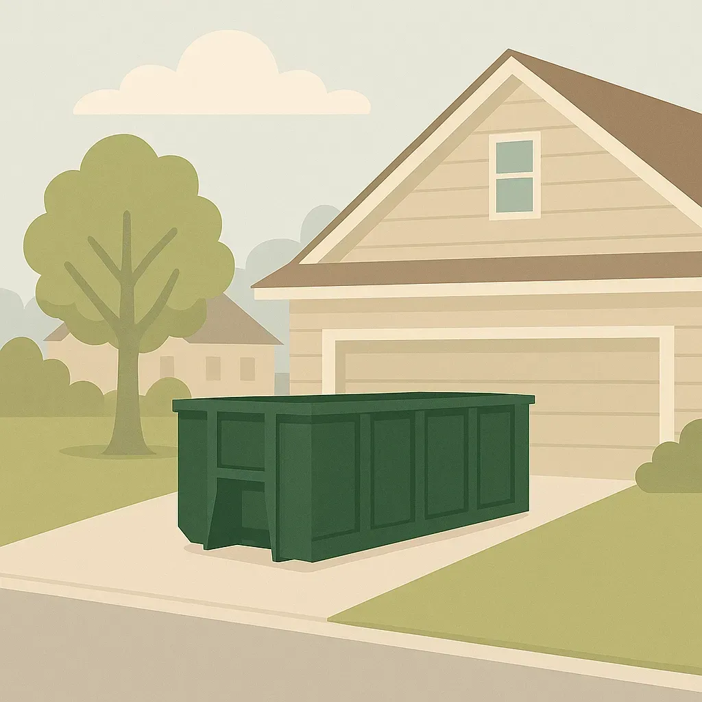 A green dumpster is parked in front of a house.