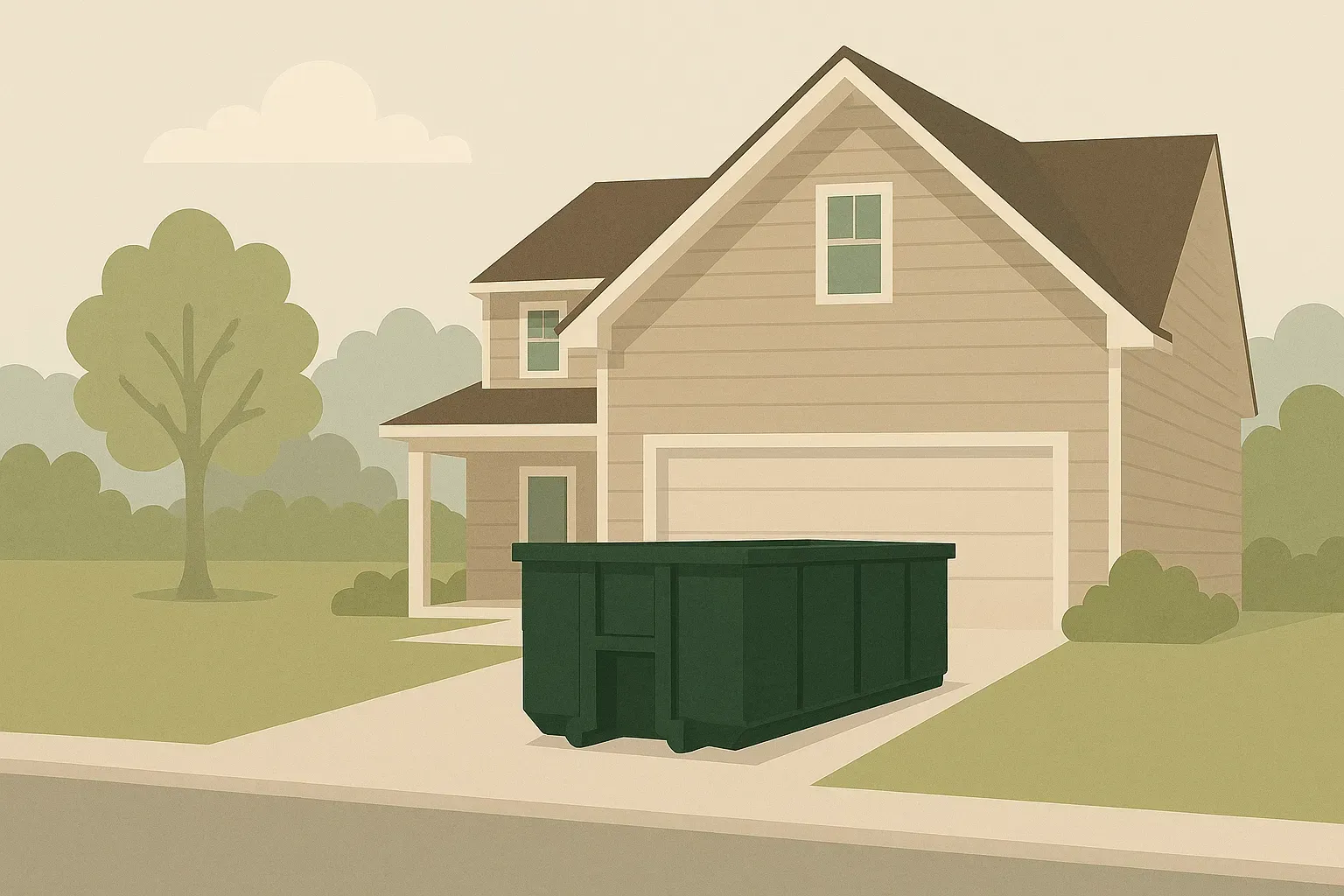 A house with a green dumpster in front of it.