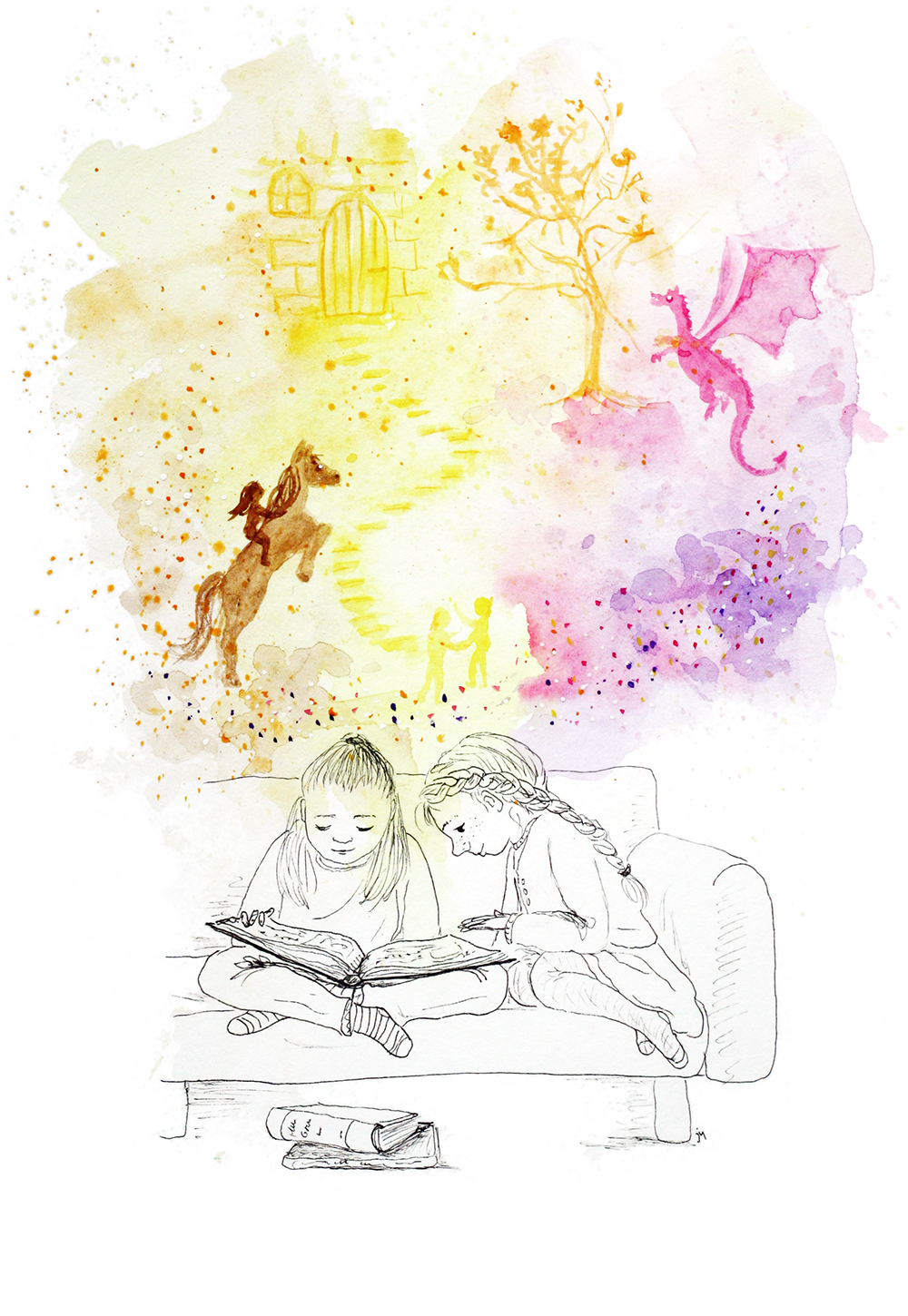 Twee kinderen lezend op een bank. De wereld van de fantasie wordt geopend. Atelierkinderen, atelier Verda.