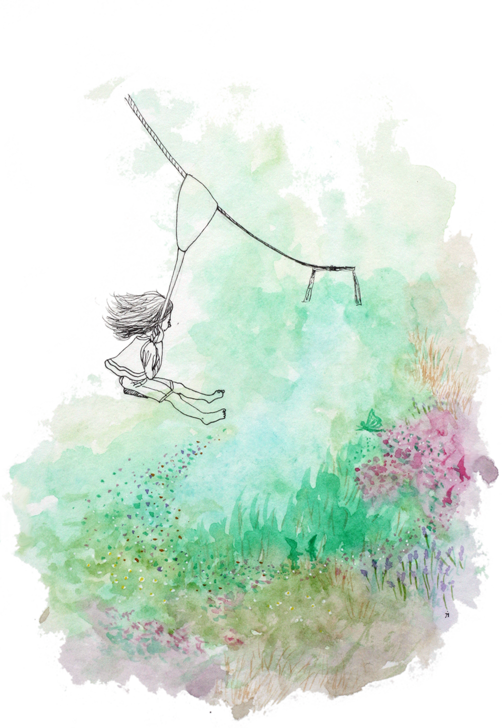 Een aquarel van een meisje die in een kabelbaan zit. Vogel vrij bij Atelierkinderen, atelier Verda.