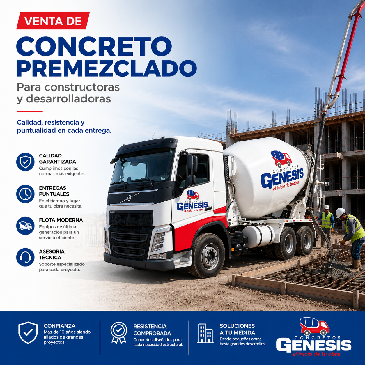 Publicidad de concreto premezclado GÉNESIS: camión mezclador en obra de construcción.