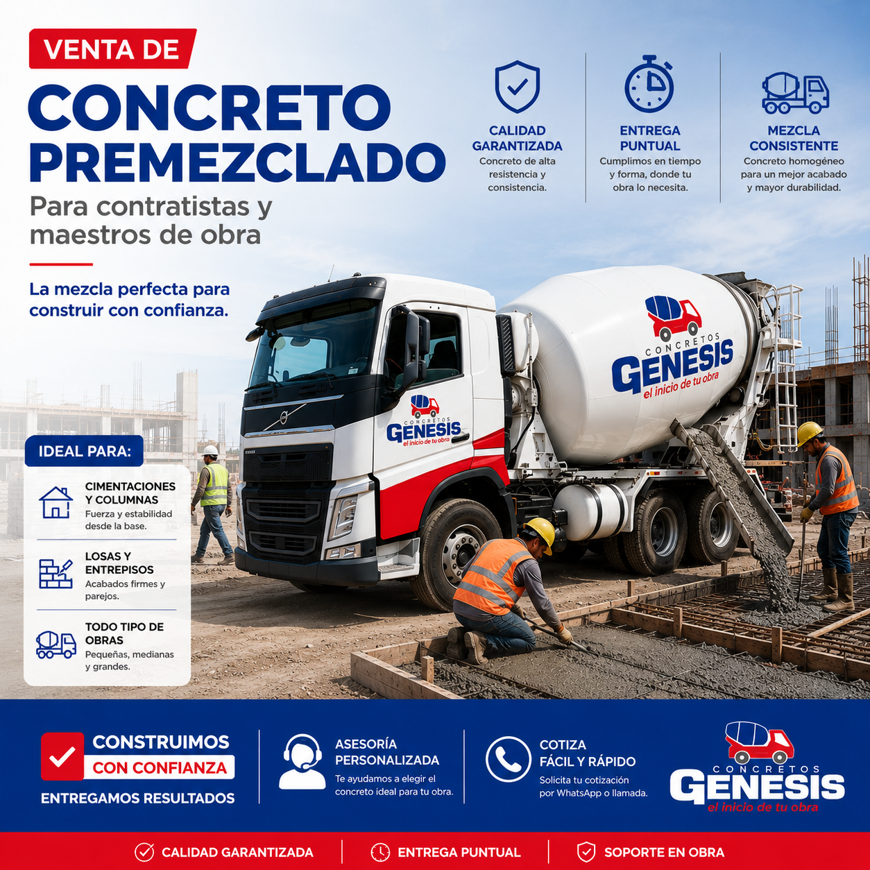 Camión hormigonera vertiendo hormigón premezclado en una obra, con texto promocional en español.