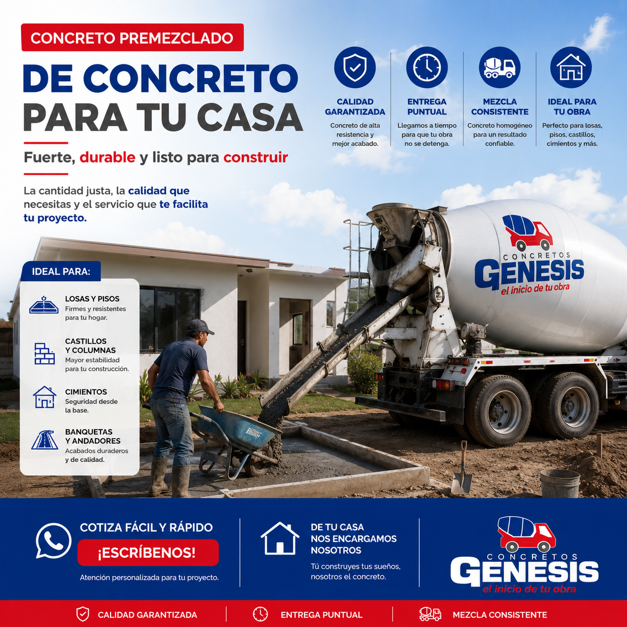 Publicidad de concreto premezclado GÉNESIS: camión mezclador en obra de construcción.