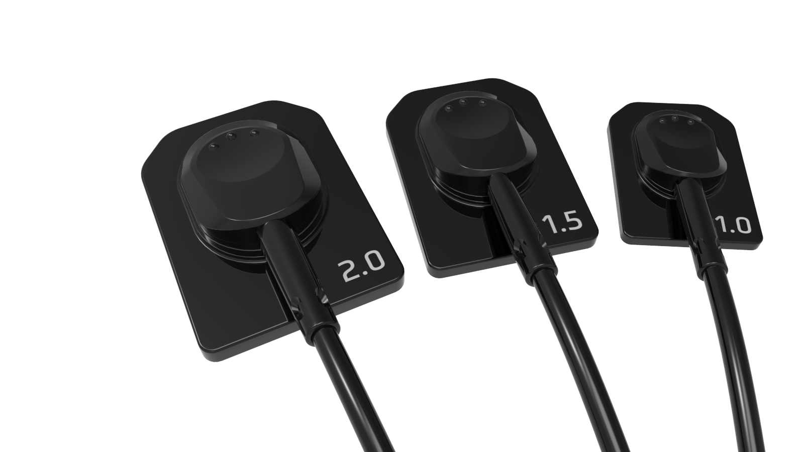 A close up of four black sensors on a white background.