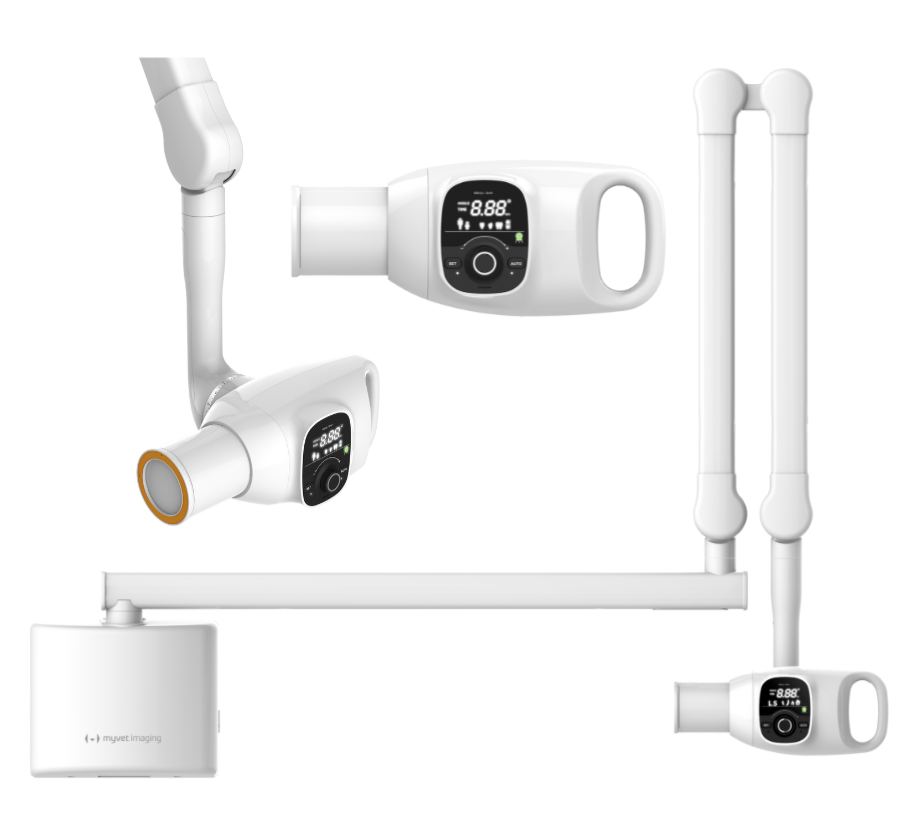 White dental X-ray machine, composed of several arm sections and a head, displaying an LCD panel.