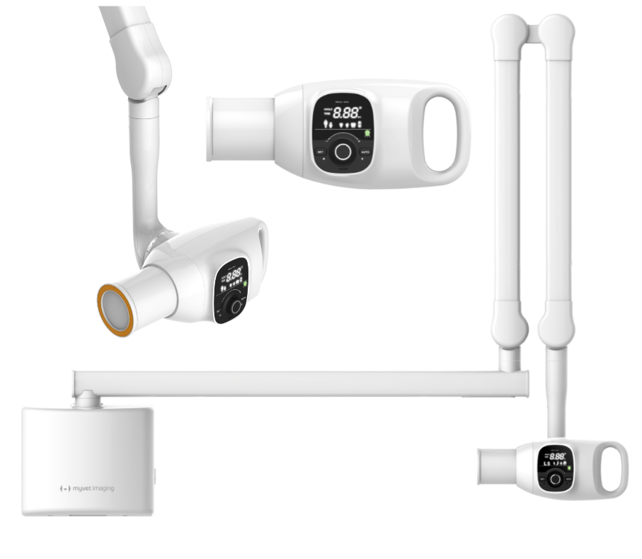 White dental X-ray machine with three pivoting arms and digital display.