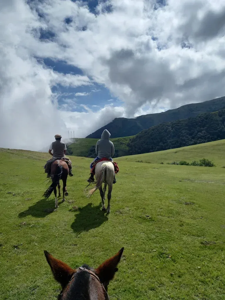 Dos personas a caballo cabalgan a través de un campo de hierba hacia las montañas bajo un cielo nublado.