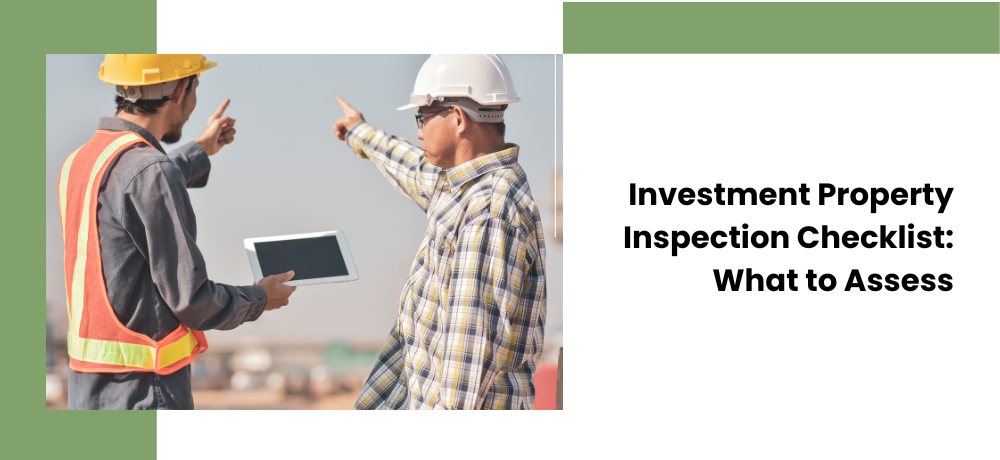 Two construction workers pointing and discussing building plans, text: Investment Property Inspection Checklist.