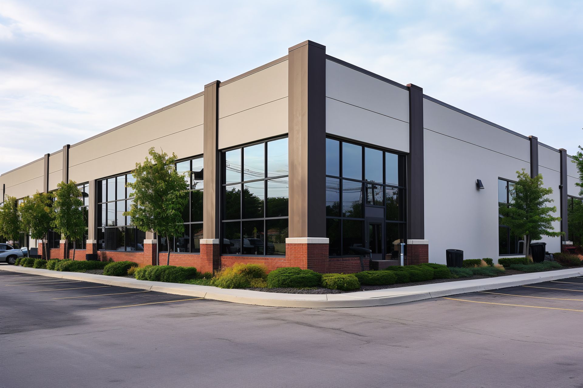 Modern commercial building with large windows and brick accents. Corner view.