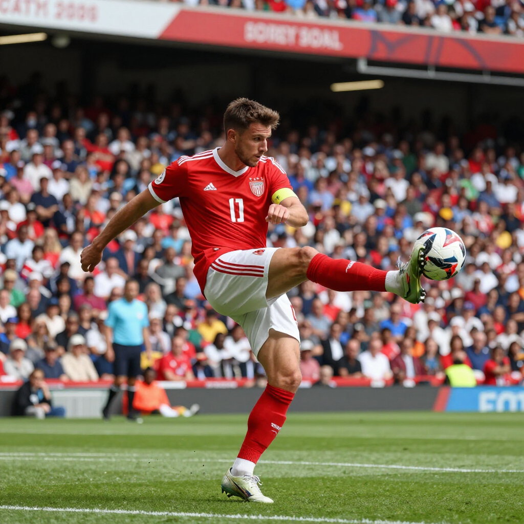 A professional soccer player in a red jersey kicks a ball mid-air during a game at a crowded stadium.