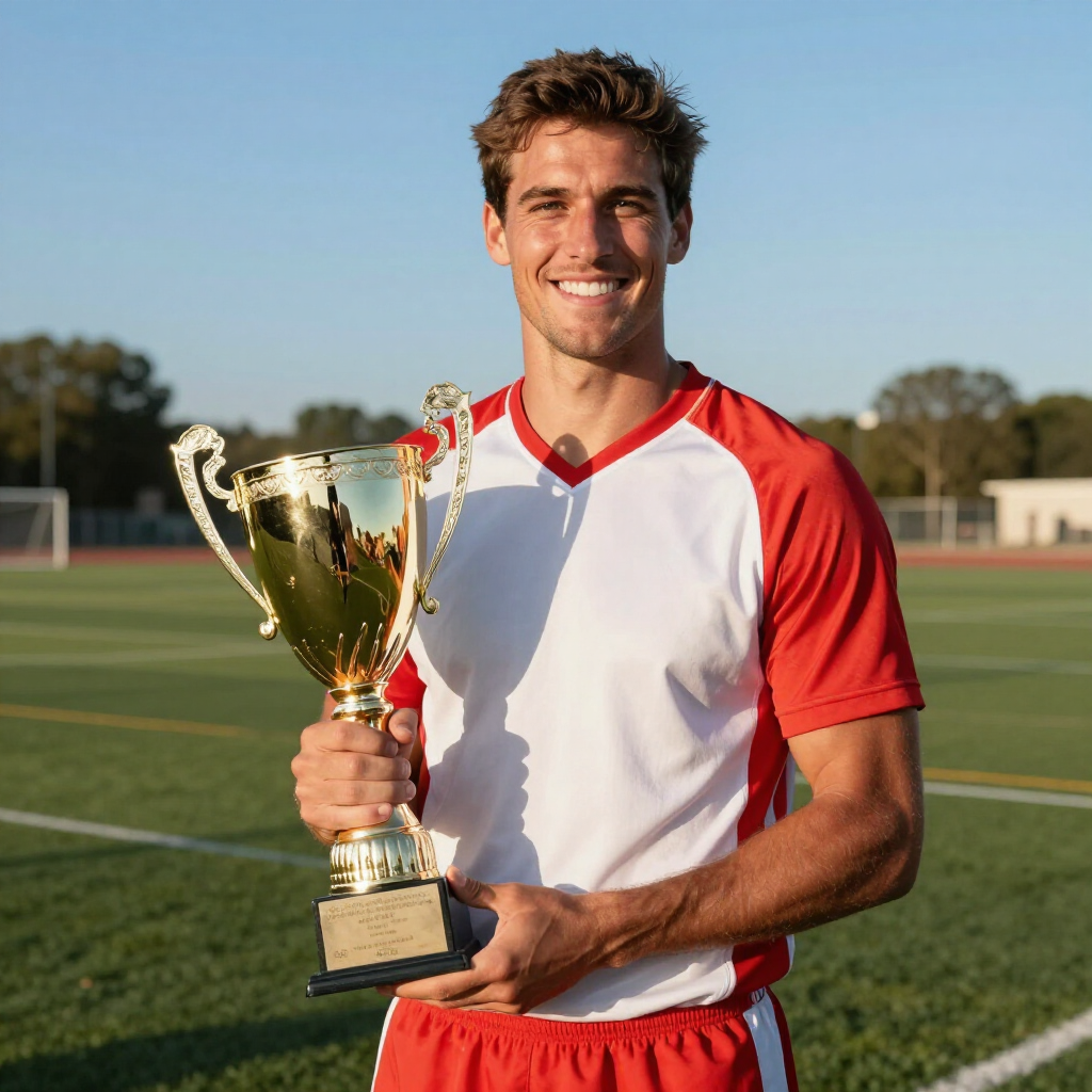 A smiling athlete in a red and white uniform holding a gold trophy on a sunny sports field.