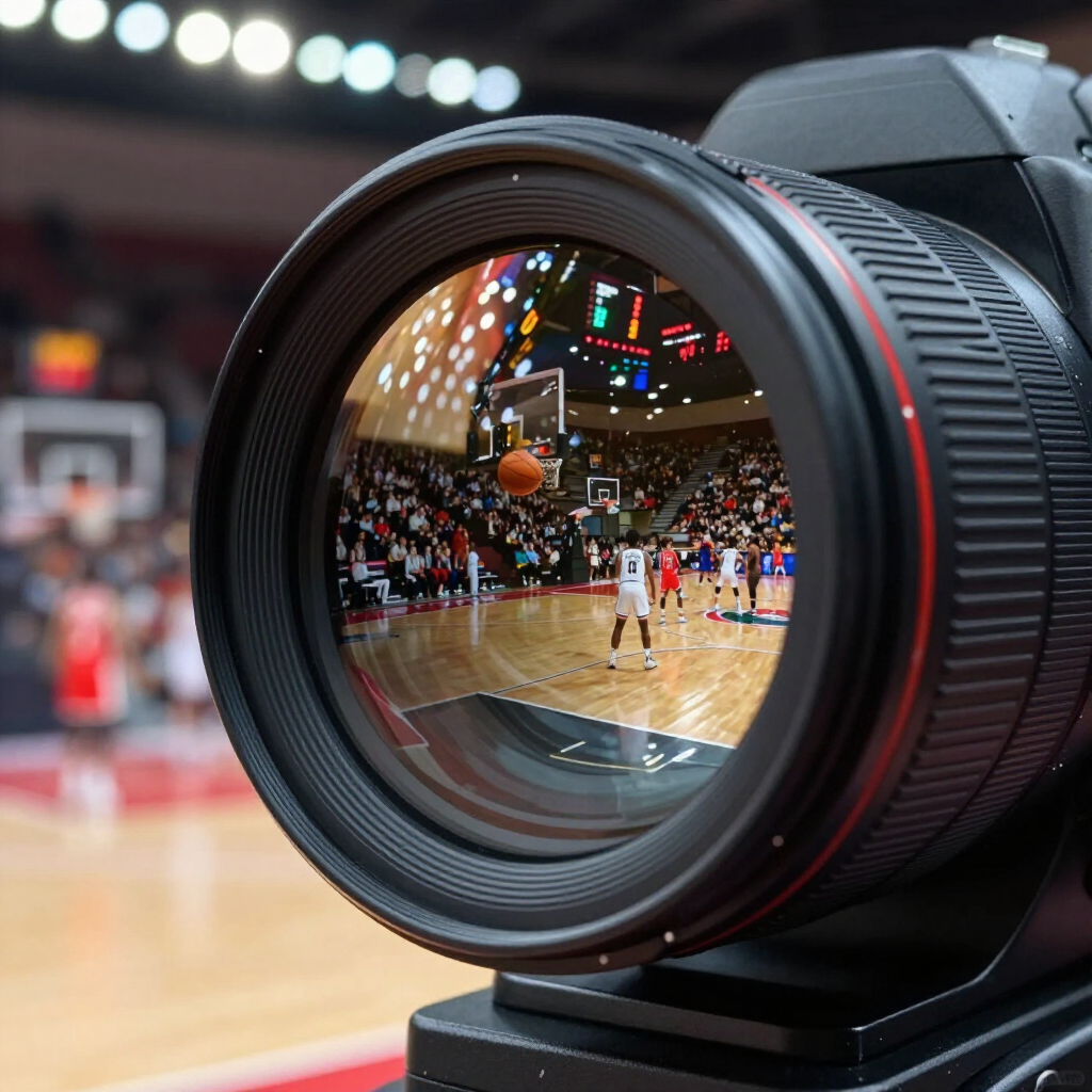 A camera lens reflecting a basketball game in a crowded arena with a player on the court and a ball in mid-air.