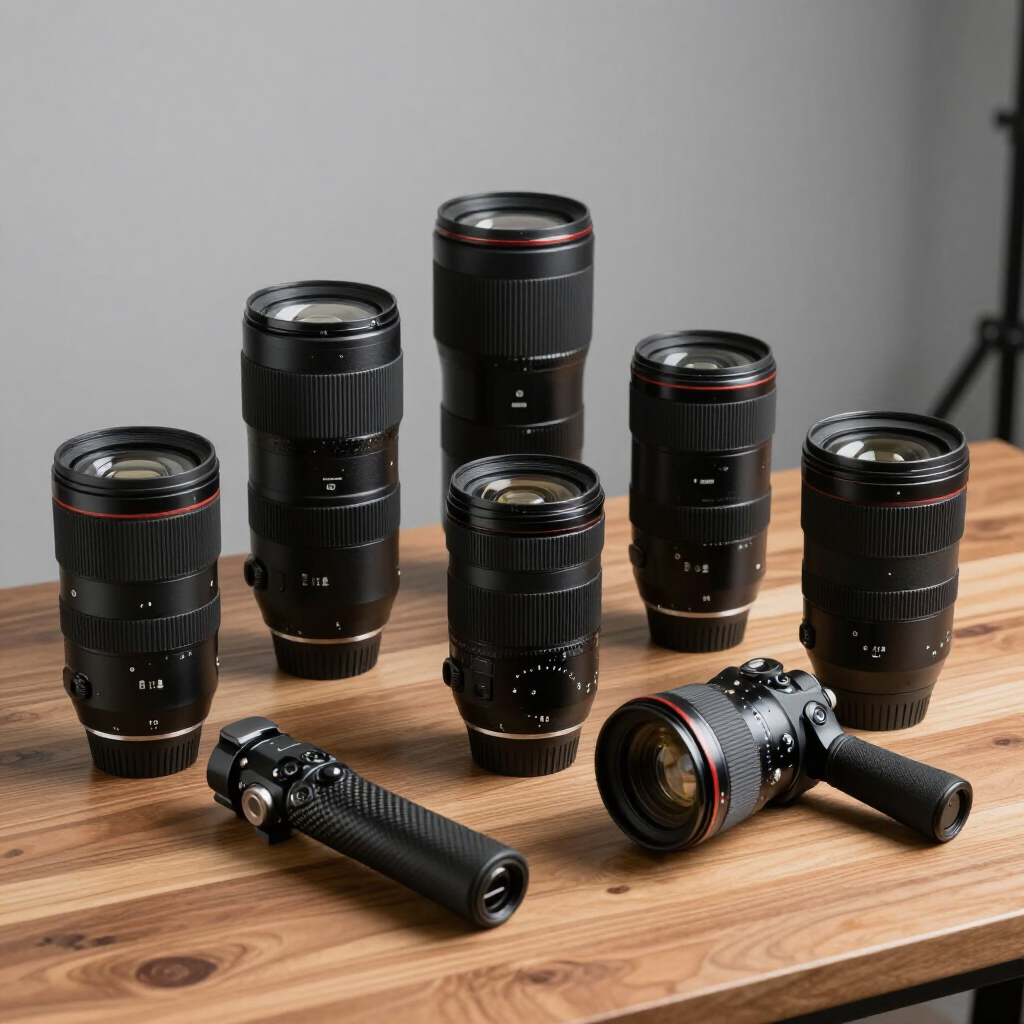 Several black camera lenses and a handheld gimbal stabilizer arranged on a wooden table.