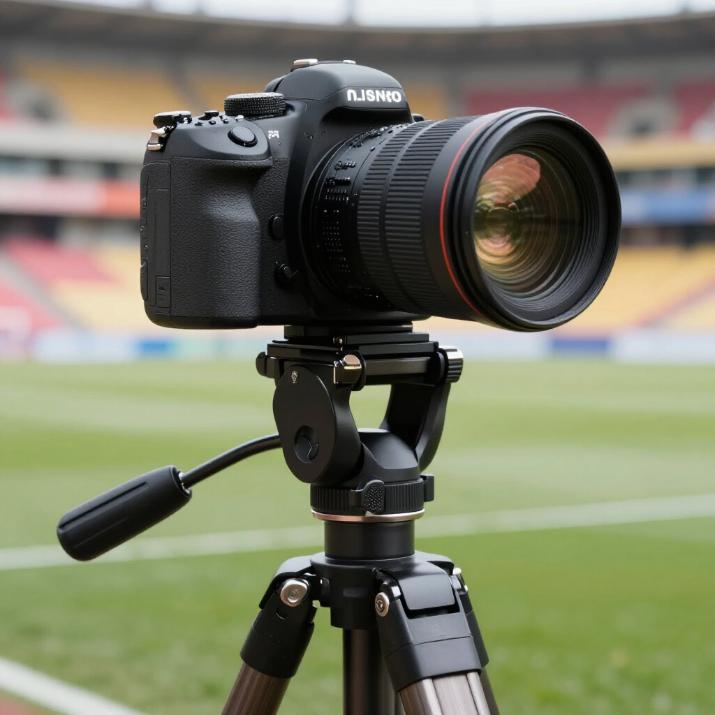 A professional camera mounted on a tripod stands on a soccer field, focused on the empty stadium seating.