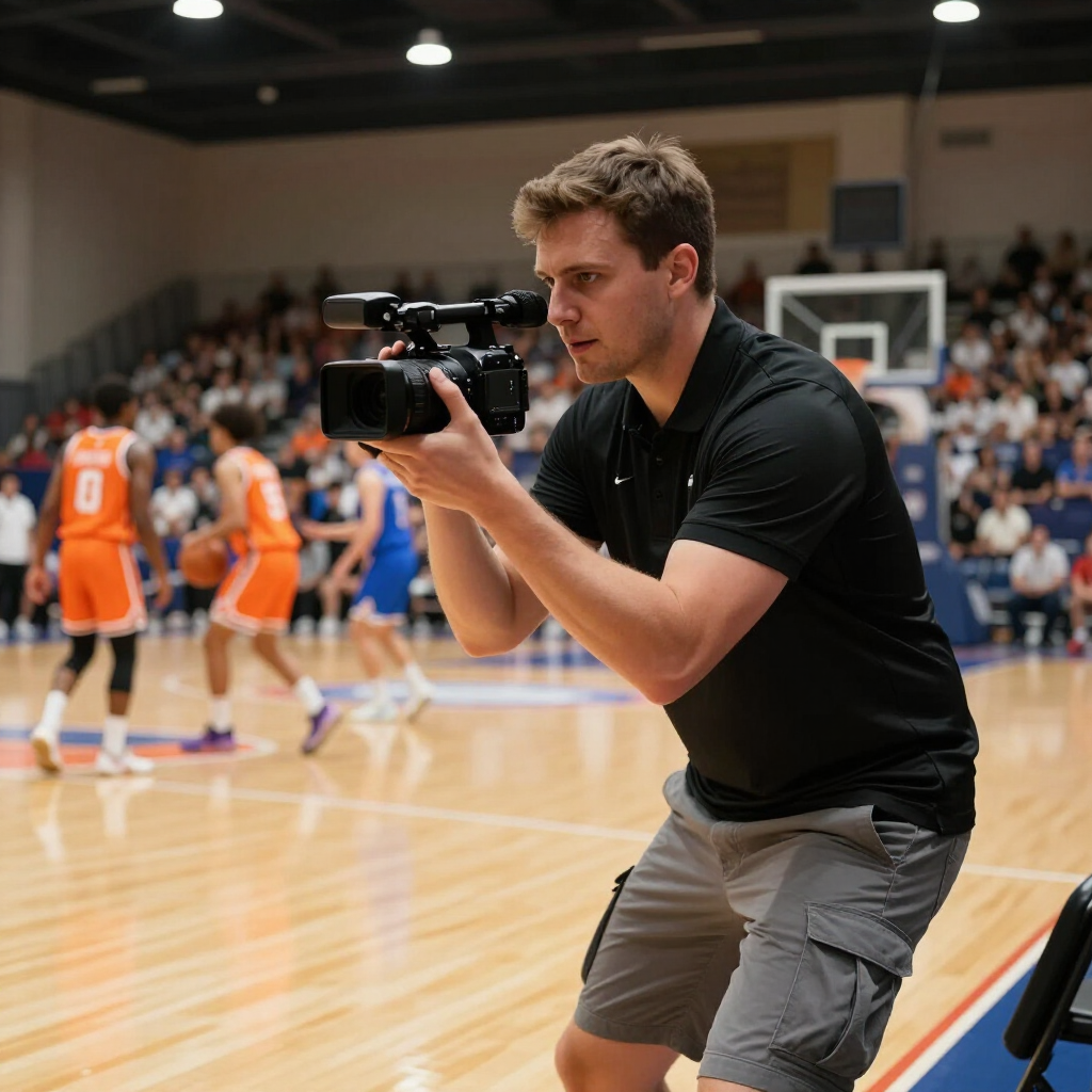 A camera operator in a black polo and cargo shorts films a basketball game on a wooden court from the sidelines.