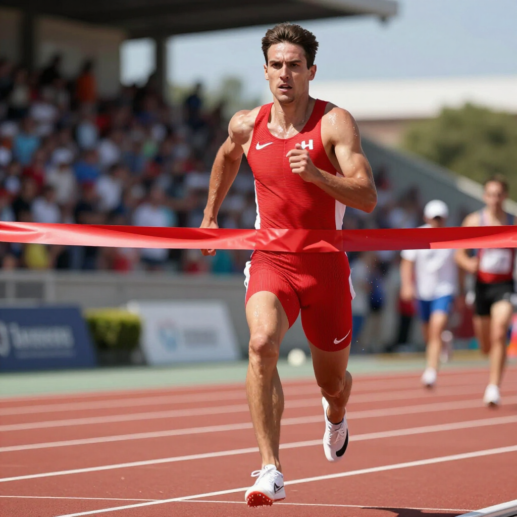 A runner in a red uniform crosses a finish line on a track in front of a crowd.